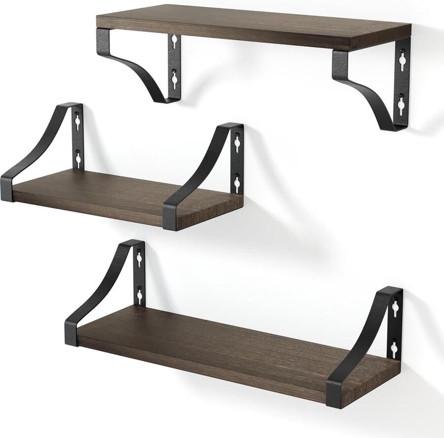 Wandplanken set van 3 zwevend design natuurlijk hout 3 niveaus decoratieve planken voor woonkamer slaapkamer en badkamer donker eiken