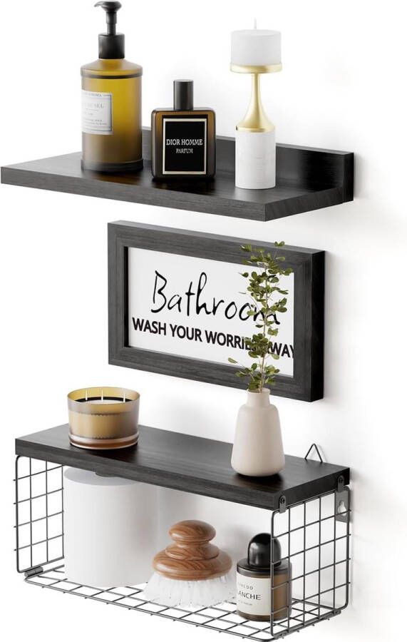 Wandplanken Set van 3 zwevende planken Houten zwarte planken met slogan en opbergmand voor de badkamer