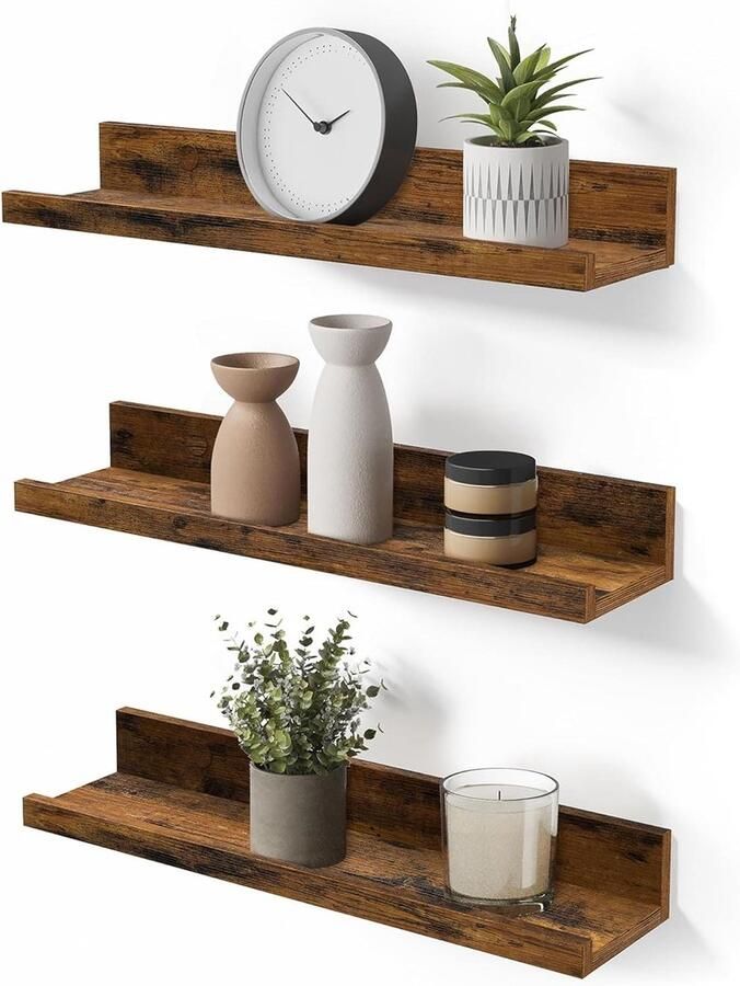 Set van 3 Zwevende Wandplanken 38 cm Verhoogde Voorkant Vintage Bruin