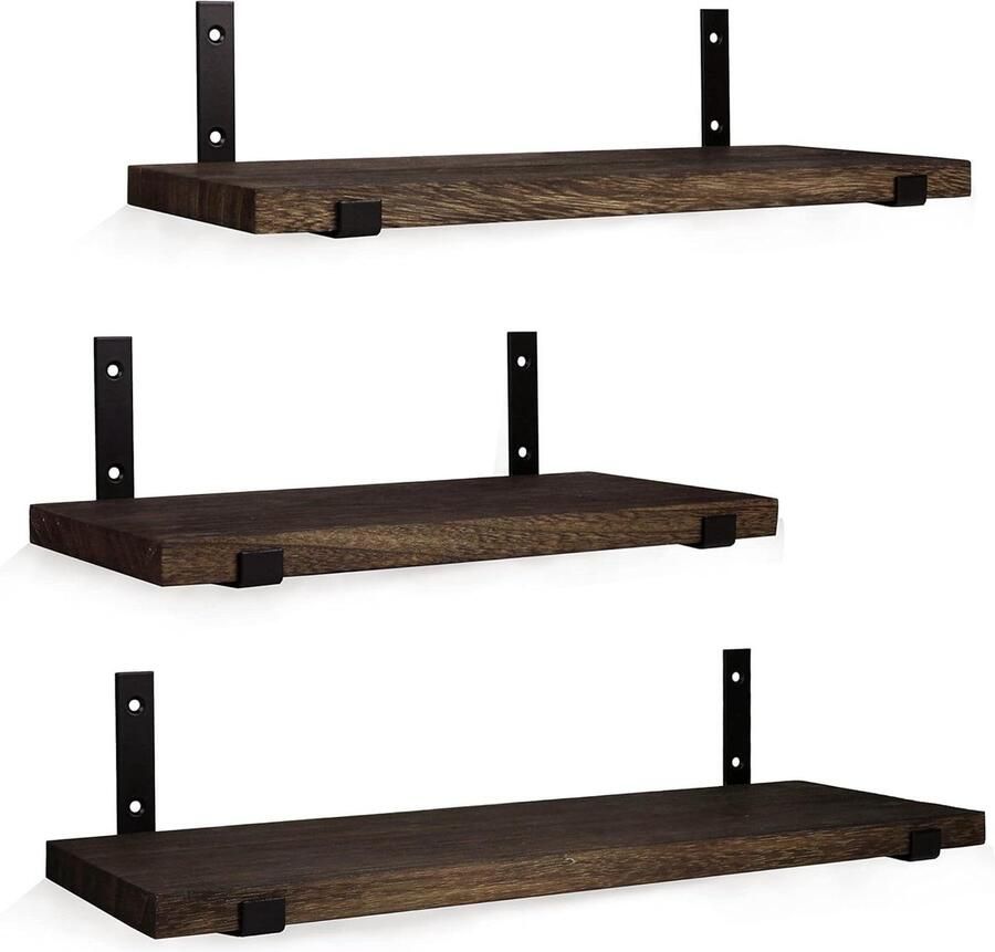 Wandplanken Set van 3 Zwevende Wandplanken 3 Stuks Donkerbruin Hout 42 36 en 30 CM