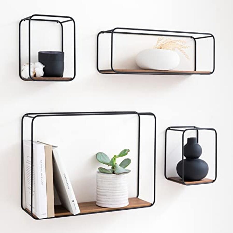 Wandplanken Set van 4 Metalen en Echt Houten Fineer Plankenset voor Wanddecoratie en Opslag in Badkamer Woonkamer Keuken en Slaapkamer Walnoot