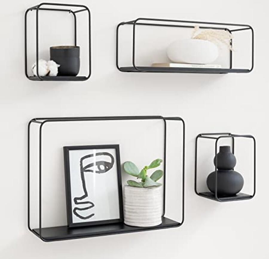 Wandplanken set van 4 Metalen en echte houtfineer Wanddecoratie opbergruimte en boekenplank voor badkamer woonkamer keuken slaapkamer en meer Eiken Zwart