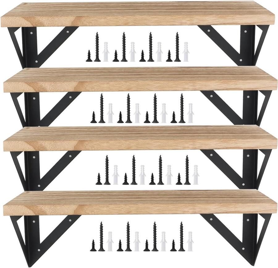 Wandgemonteerde boekenplanken set van 4 Rustieke houten drijvende wandplanken met schroeven Decoratieve wandplanken voor woonkamer slaapkamer en kantoor Organizer opbergrek Natuurlijke houtkleur Eenvoudig te monteren