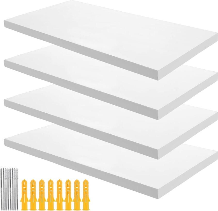 Witte Zwevende Wandplanken Set van 4 Stuks 40 cm Houten Planken voor Moderne Decoratie in Slaapkamer Badkamer Keuken en Woonkamer