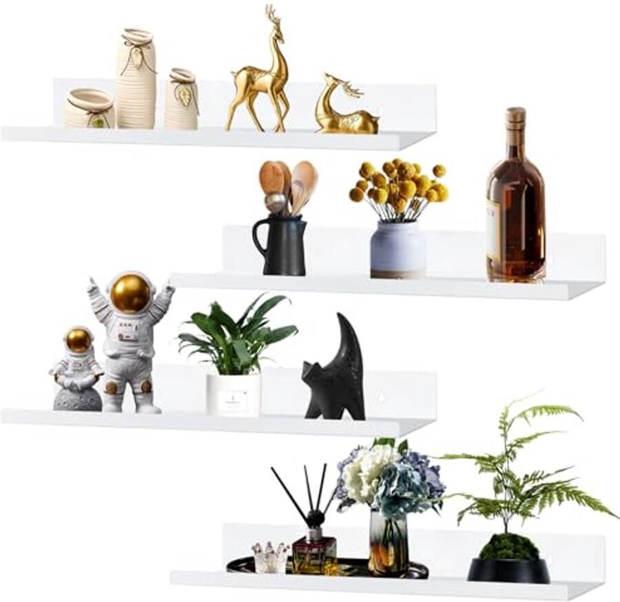 Wandplanken Set van 4 Wit Metal met Fotolijsten Wandplank zonder Boren voor Keuken Badkamer Kantoor en Woonkamer 30 x 10 x 4 cm