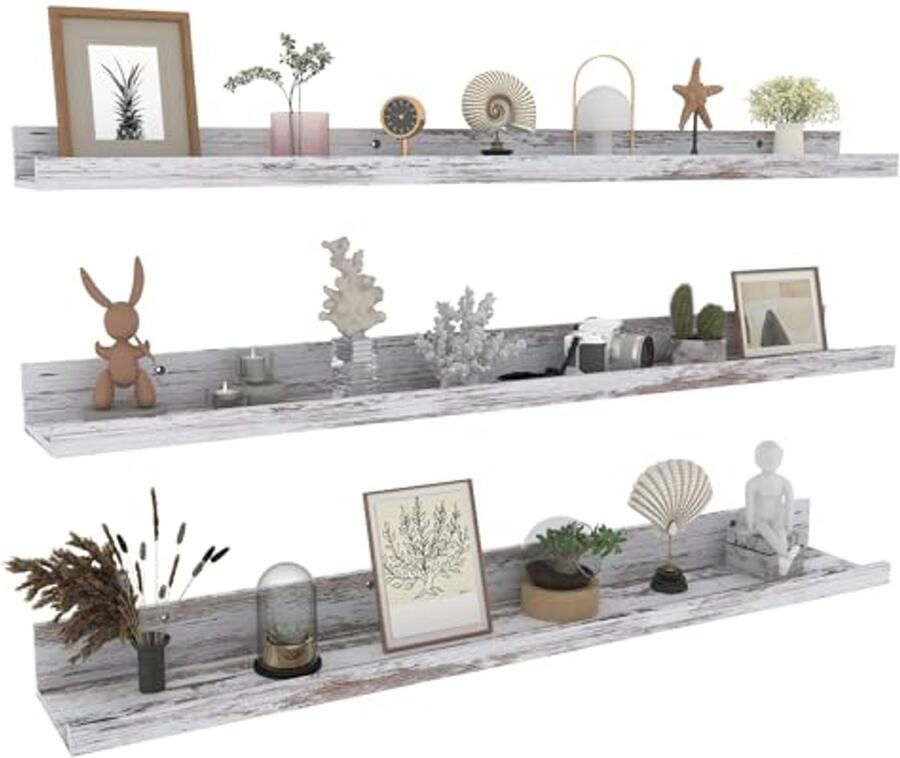 Wandplanken van 36 Inch Set van 3 Rustieke Fotoplanken voor Woonkamer Slaapkamer Keuken Badkamer Verweerd Wit