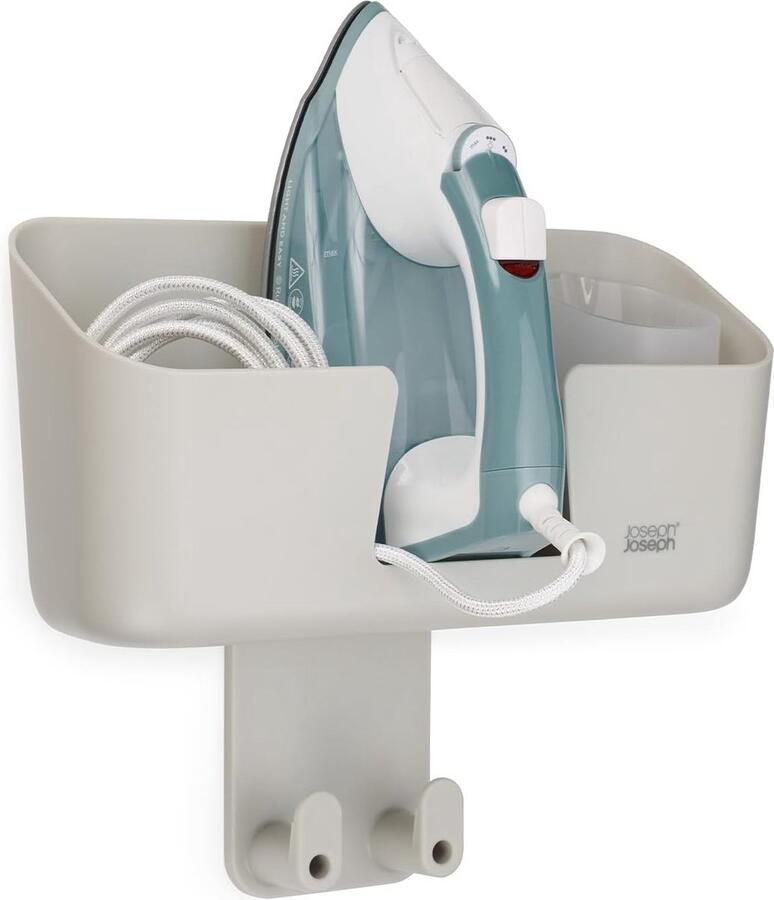 Wandgemonteerde strijkijzerhouder en opbergrek met verstelbare strijkplankhanger en siliconen strijkplank