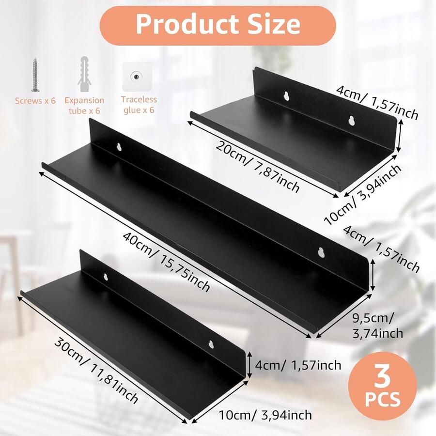 Wandplanken Zwart Metaal 3 stuks Voor woonkamer en keuken
