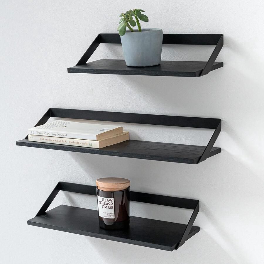 Wandplanken Zwevende Planken voor Wanddecoratie Set van 3 Zwart Eiken Metaal en Houtfineer