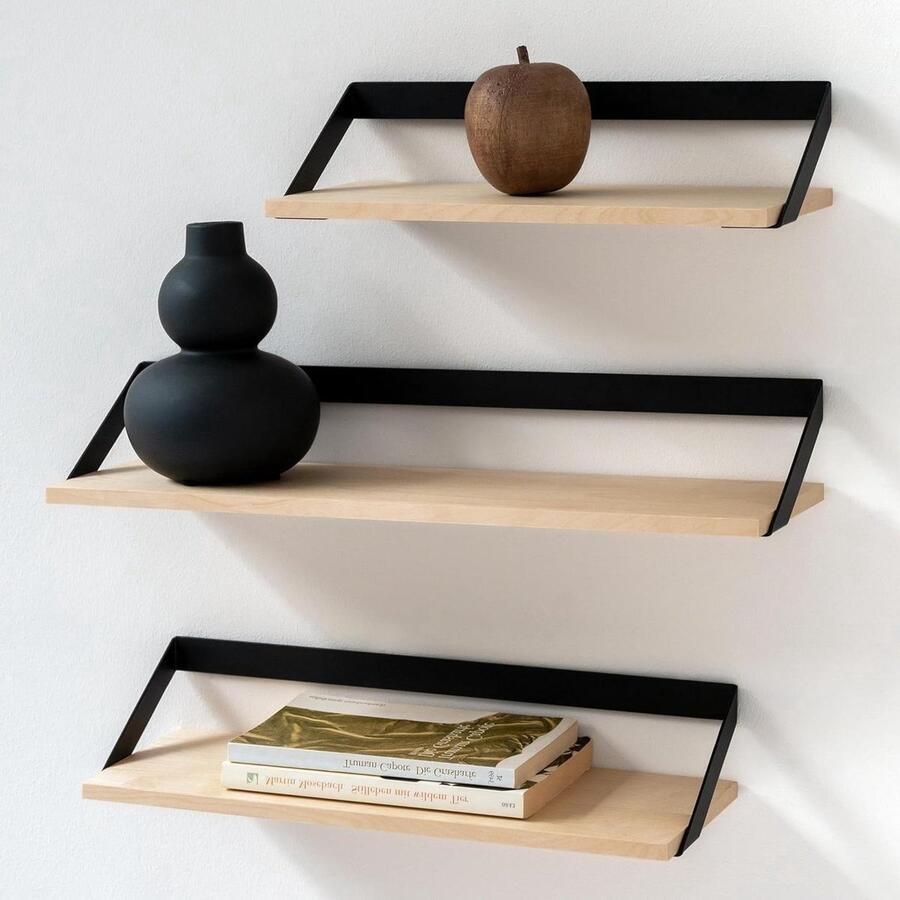 Wandplanken Zwevende Planken Wanddecoratie Set van 3 Berk Metaal en Houtfineer