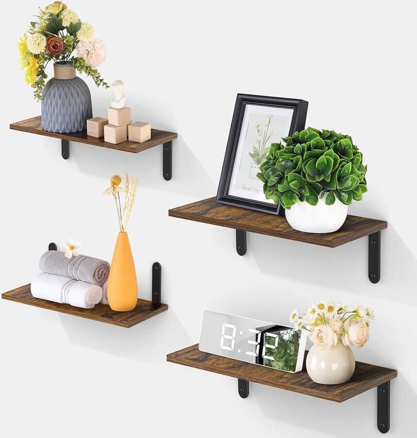 Wandrek 4 stuks Houten en metalen wandplanken voor opslag in woonkamer keuken kantoor en badkamer