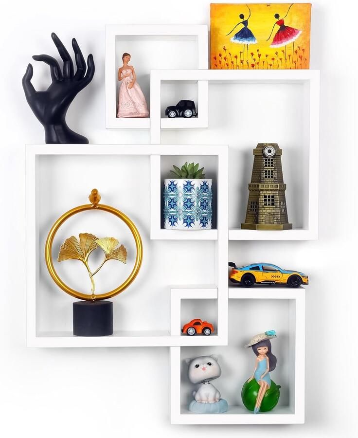 Trankielo Witte Zwevende Kubus Planken – Wandgemonteerde Houten Opslag voor Thuis Slaapkamer Woonkamer Badkamer Keuken of Kantoor – Decoratieve Wanddisplay met 4 Verschillende Grootte Planken