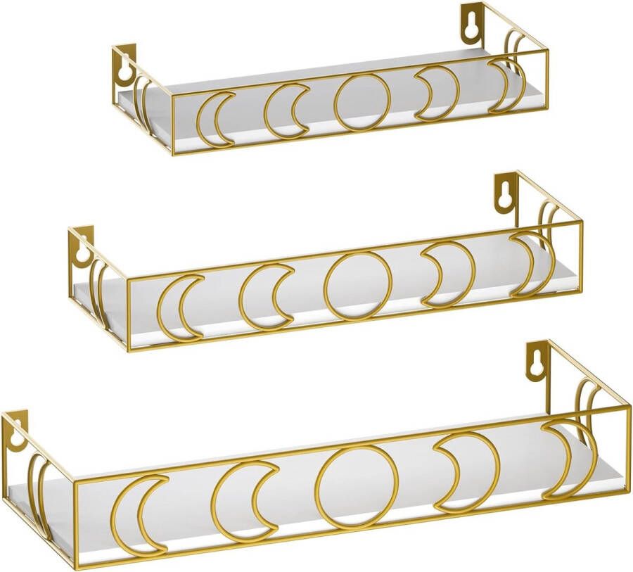 Wandplankenset van 3 zwevende houten planken met maanfase-metaaldecor Ideaal voor keuken badkamer kantoor en woonkamer praktische opbergruimte en stijlvolle decoratie goud