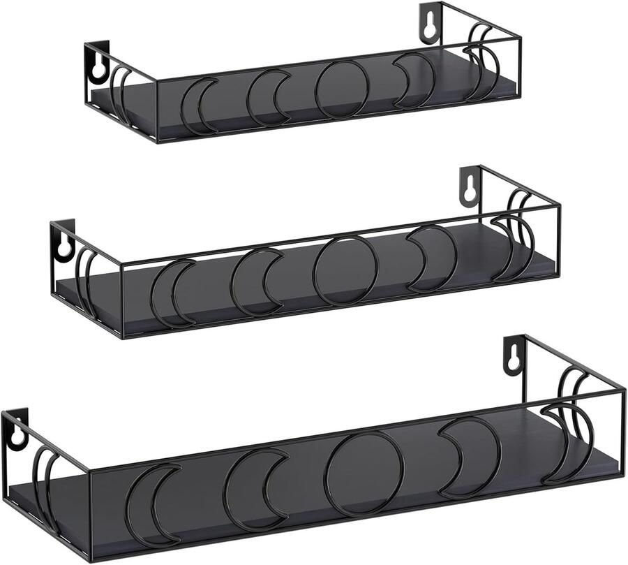 Famanu Wandrek set van 3 zwevende houten planken met maanfasen-metaaldecoratie ideaal voor kantoor keuken badkamer en woonkamer praktische opslag en stijlvolle decoratie zwart