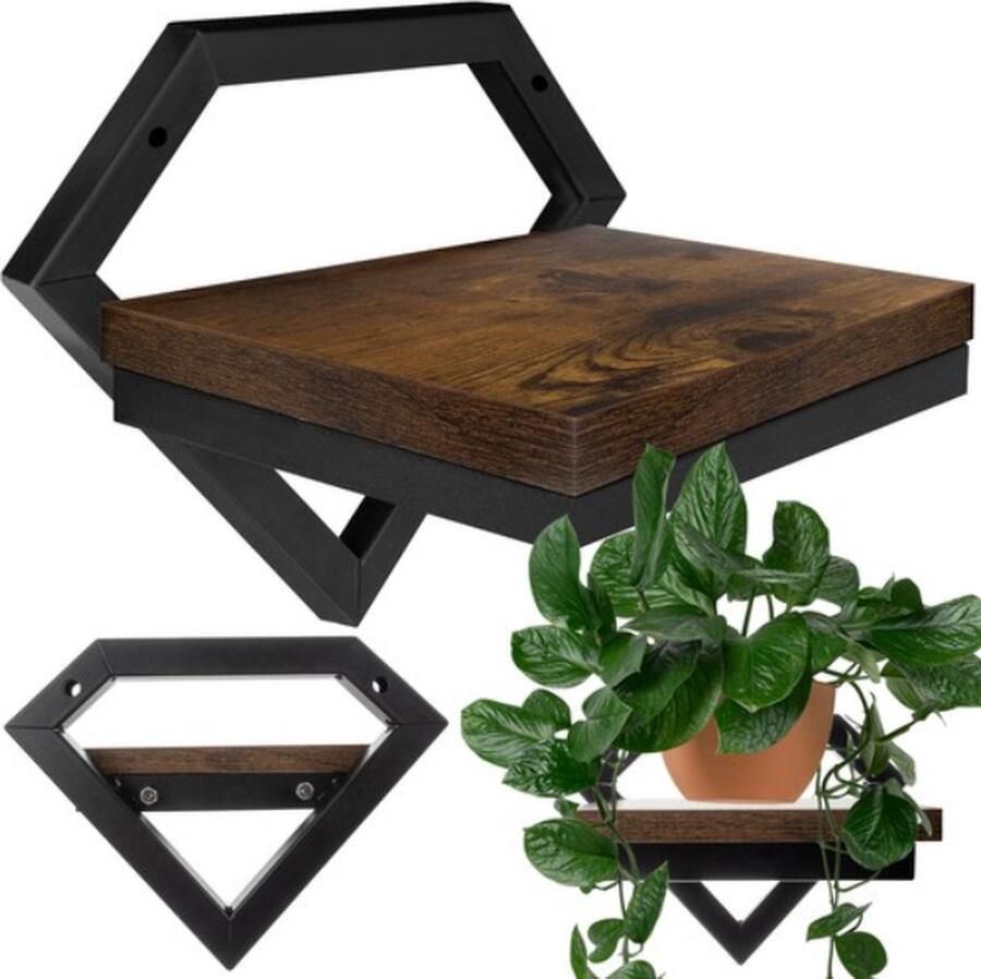 Wandplankje Zwart Staal met Hout Diamant Vorm Profiel 19 x 23 x 20 cm Wandplankje voor Plant Voor aan de Muur