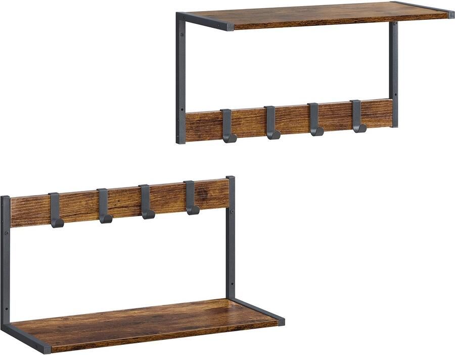 Wandplankset van 2 stuks met 4 afneembare haken en 1 open opbergruimte 2 montageopties geschikt voor woonkamer keuken slaapkamer en badkamer 50 x 24 2 x 26 5 cm bruin+zwart