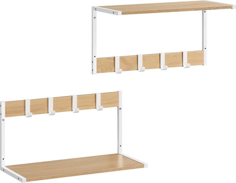 Wandplankset van 2 stuks met 4 afneembare haken en 1 open opbergruimte 2 montageopties geschikt voor woonkamer keuken slaapkamer en badkamer 50 x 24 2 x 26 5 cm Wit+naturel