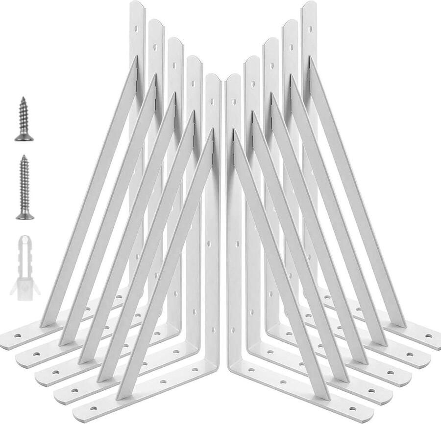 Wandrek 10 stuks driehoekige houders van 90 graden van staal 300 mm x 190 mm hoekbeugel beugel met schroeven en ankers wit
