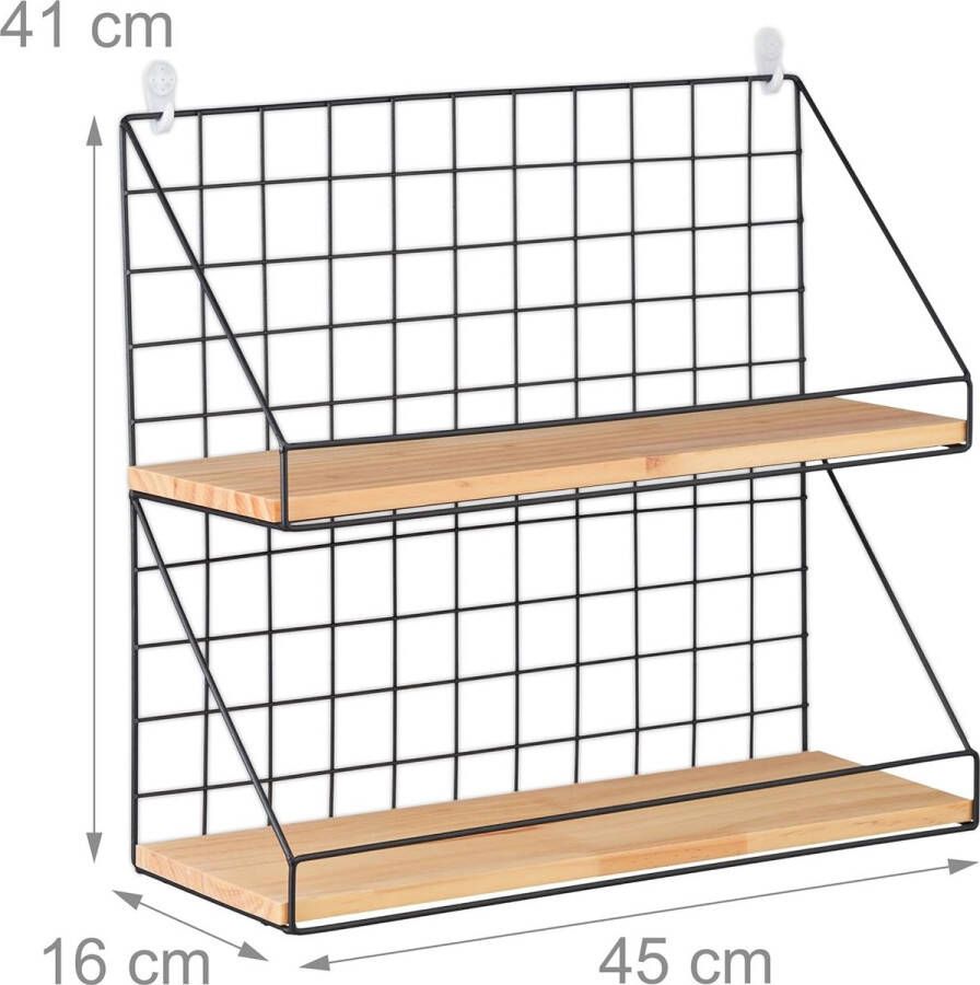 Wandrek 2 etages hangrek metaal HBD 41 x 45 x 16 cm industrieel muurrek houtlook wandplank zwart natuur