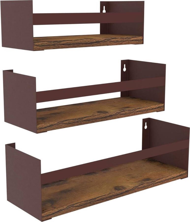Wandrek 3-delige set houten wandplank met metaal geschikt voor keuken badkamer woonkamer kantoor roestkleur 40 cm