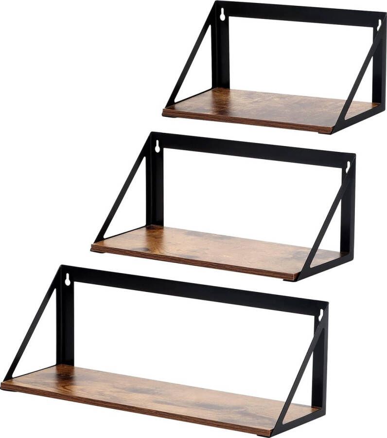 Wandrek 3-delige set rustieke houten wandplank met metalen opslag geschikt voor keuken badkamer woonkamer of kantoor
