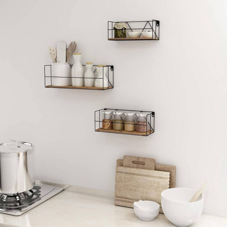 Wandrek 3-delige set zwevende planken moderne wandplank wandgemonteerde planken rustieke opbergplanken met metalen draad display woondecoratie voor badkamer