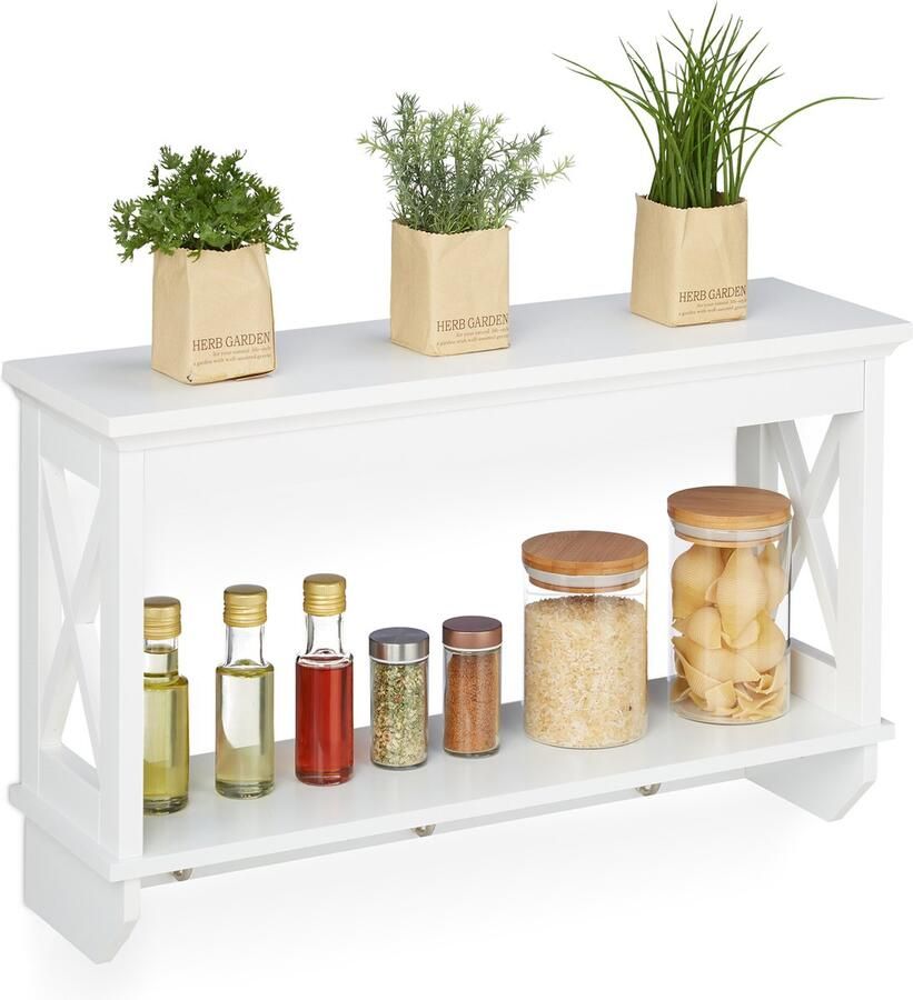 Relaxdays wandrek 3 metalen haken 2 planken landelijk keukenrek kapstok 40x66x20 cm wit