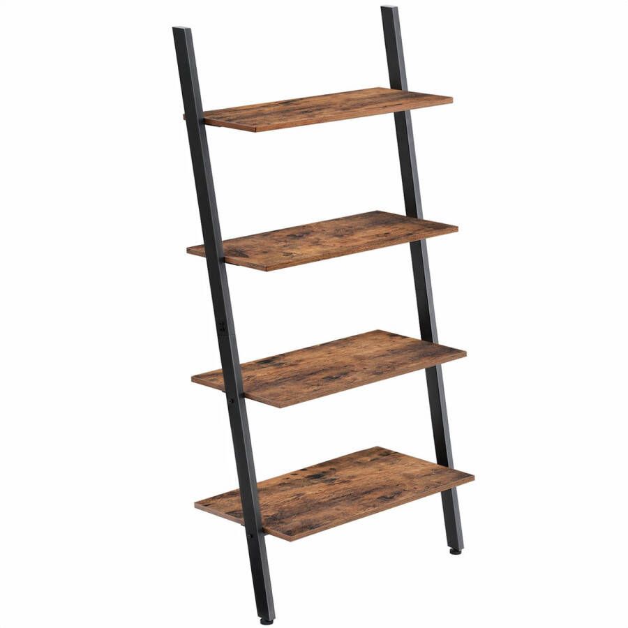 Wandrek – 4 Houten Planken – Vintage – Industrieel – Boekenkast – Boekenrek – Hout – Bruin Zwart – 64x35x150cm