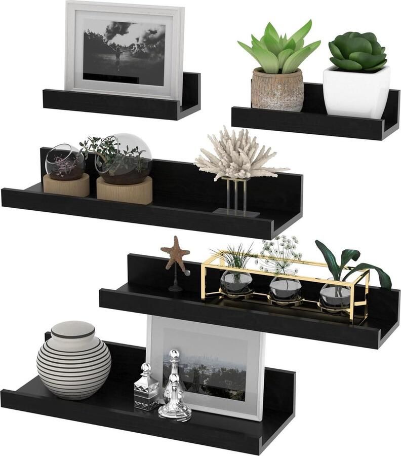 Wandrek 40 cm Zwevend Houten Rek 5 Stuks Zwart Klein