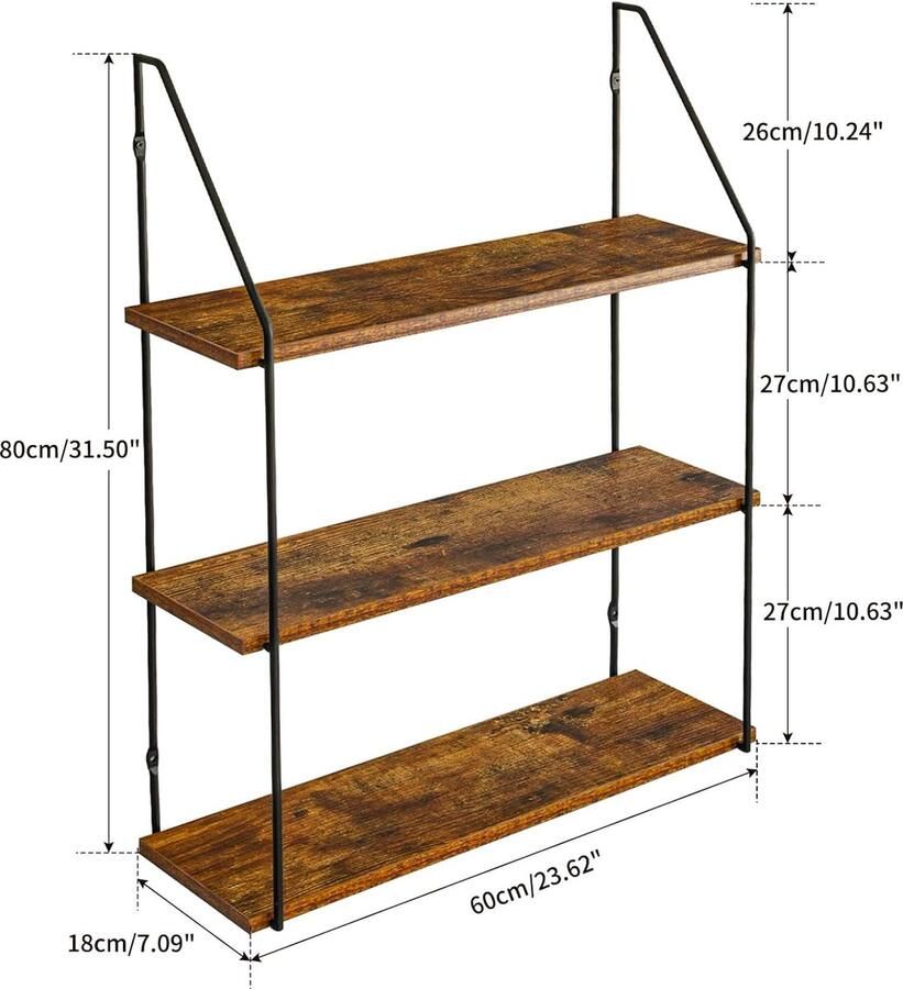 Wandrek 60 x 20 5 x 80 cm zwevend rek industriële stijl 3 niveaus stabiele wandhouder voor woonkamer badkamer keuken rustiek bruin RF-TM012