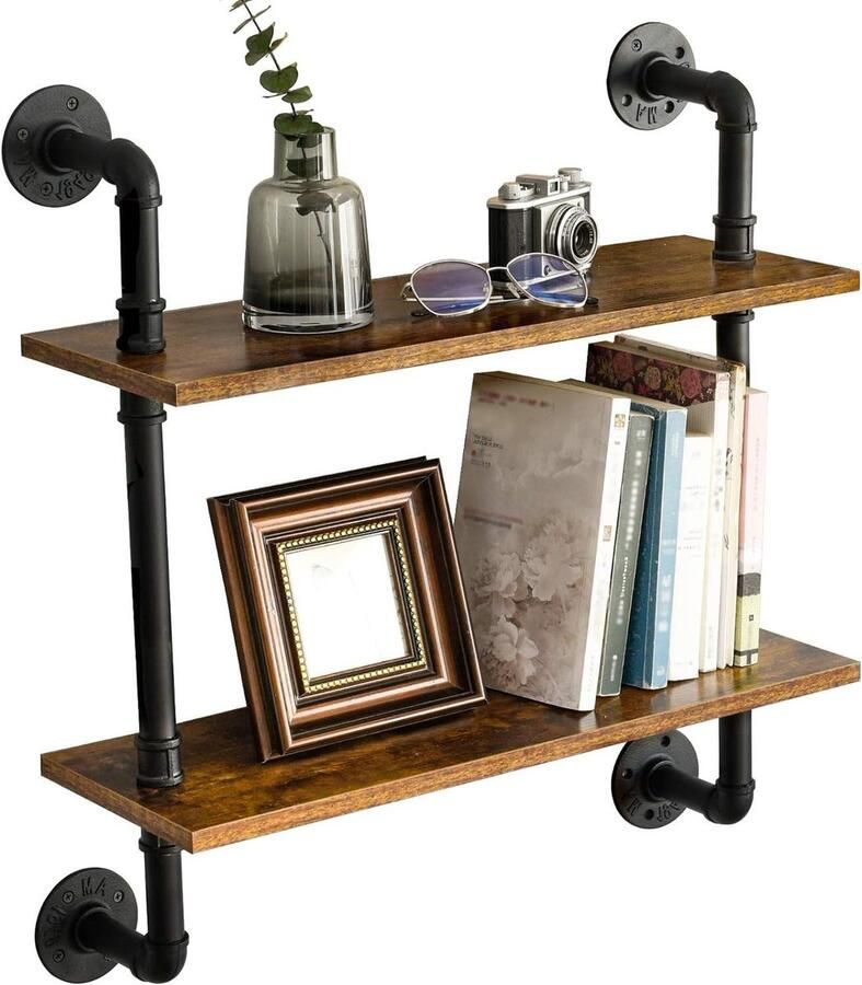 Wandrek 60 x 20 x 655 cm zwevend rek industriële stijl buisrek 3 niveaus stabiele wandhouder woonkamer badkamer keuken rustiek bruin