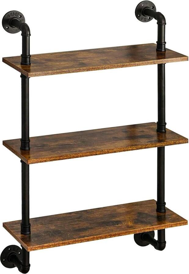 Wandrek 60 x 20 x 95 cm met 3 niveaus zwevend rek Industriële stijl Stabiele wandhouder voor woonkamer Badkamer keuken Rustiek bruin RF-TM003 Wandrek