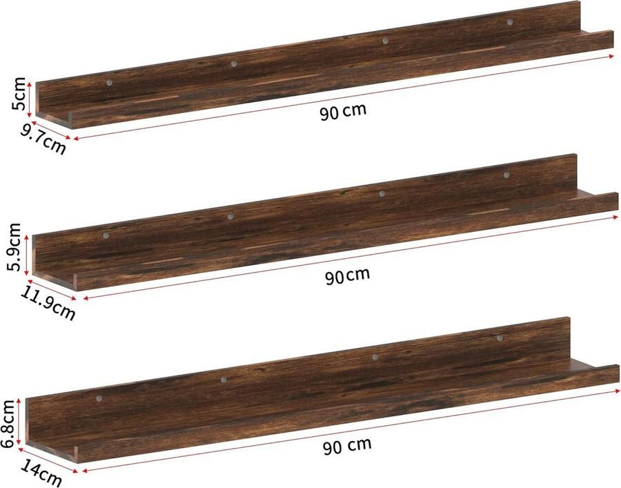 Wandrek 90 cm 3 stuks zwevende wandplank van hout rustiek voor slaapkamer kantoor woonkamer en keuken bruin