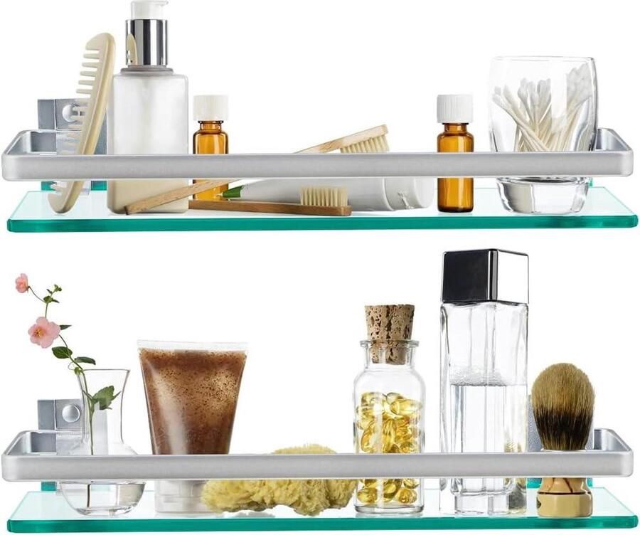 Wandrek Badkamer Glazen Rek met Metalen Stang 2 Stuks 38 5 x 11 5 cm Geschikt voor Badkamer en Keuken