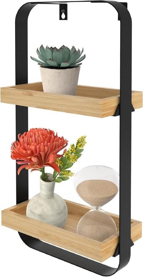 Wandrek Bamboe Metaal Langwerpig Wandplank Hout Zwevend Zwart Hangend Industrieel 50 x 24 x 12 cm