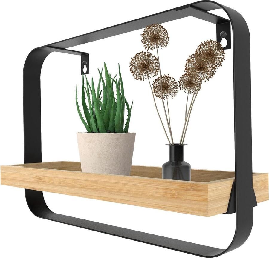 Wandrek Bamboe Metaal Rechthoek Wandplank Hout Hangend 1 stuk Zwart Bamboe & Metaal 39 x 26.5 x 10 cm