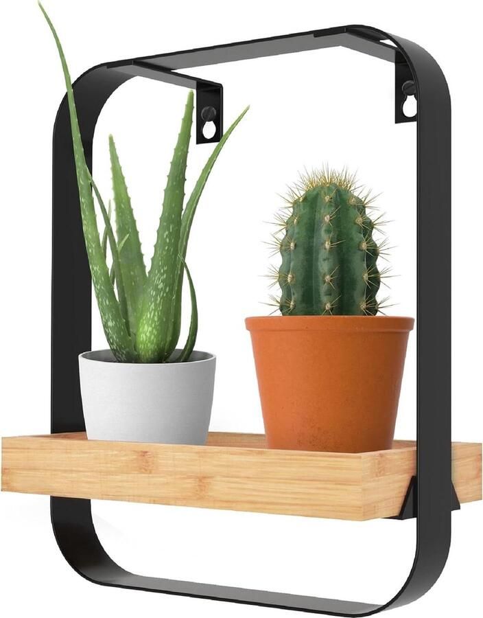 Wandrek Bamboe Metaal Wandplank Hout Zwevend 1 stuk Zwart Bamboe en Metaal 29 x 24 x 12 cm