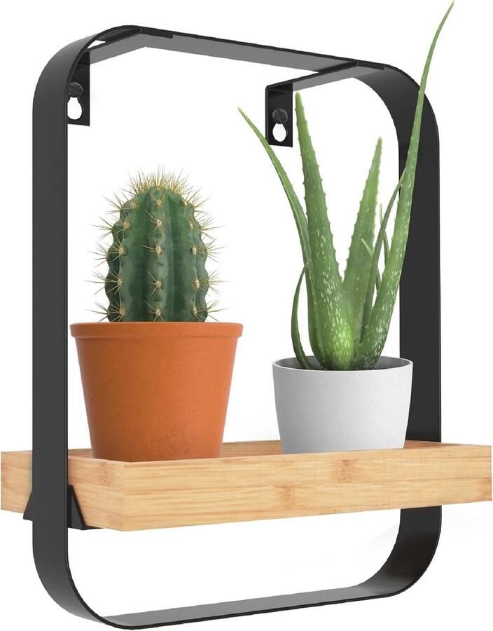 Wandrek Bamboe Metaal Zwevend Wandplank Hout Industrieel Wandrek Zwart 29 x 24 x 12 cm