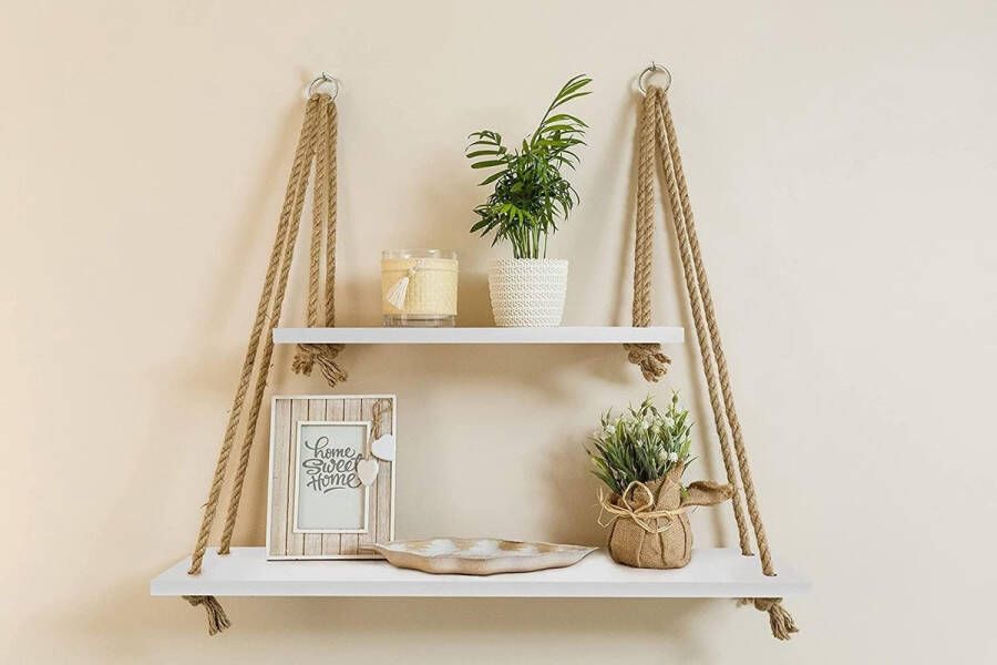 Wandrek boekenkast boho decoratie als 2 dierenrekken rek gemaakt in Scandinavische stijl wanddecoratie hangrek met jute touw zwevend rek voor de woonkamer
