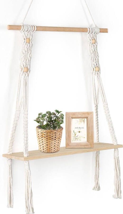 Wandplank Hout Boho Wandplank Bohemia Deco Hangende Plank Macramé Wandplank Handgeweven Zwevende Plank voor Balkon Badkamer Slaapkamer Woonkamer