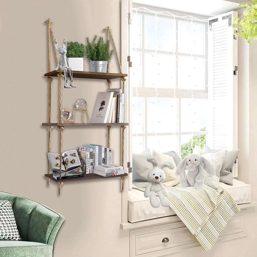 Wandrek Boho-decoratie 3 etages Hout Katoenen touw