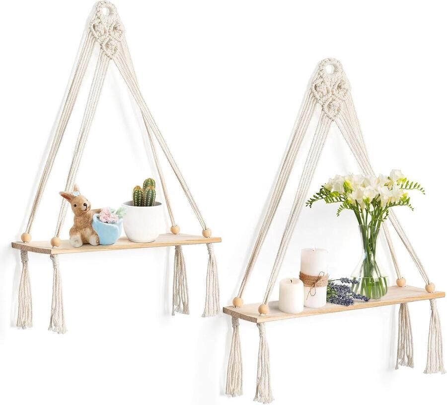 Wandrek Boho wanddecoratie 2 stuks Hout en macramé
