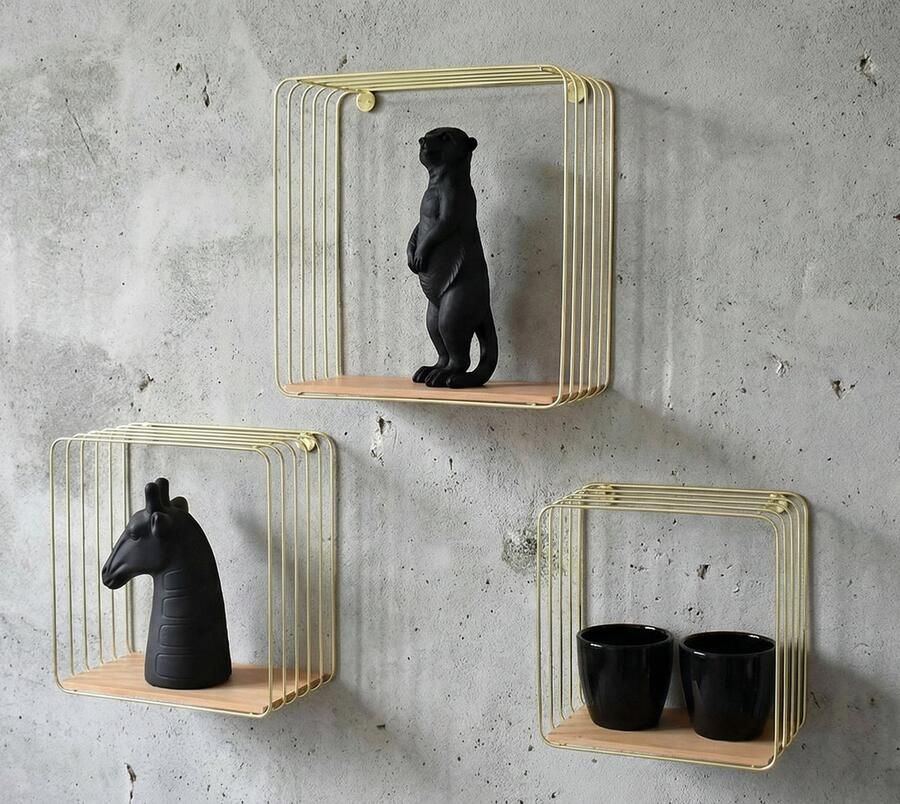 Galeara Design Wandrek goud en hout- wandplank Cavoo set van 3 Wandschappen design metaal - Foto 2