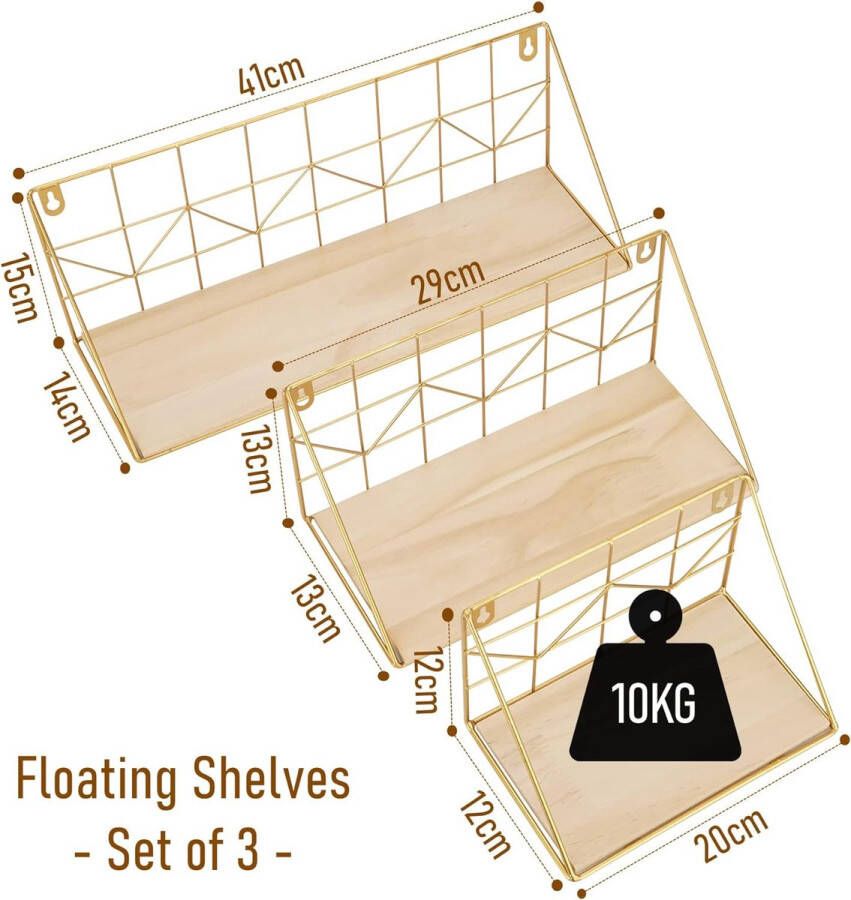 Wandrek goudkleurig metaal set van 3 hangende houten planken keukenplanken hangrek zwevend rek wanddecoratie voor slaapkamer woonkamer keuken kantoor