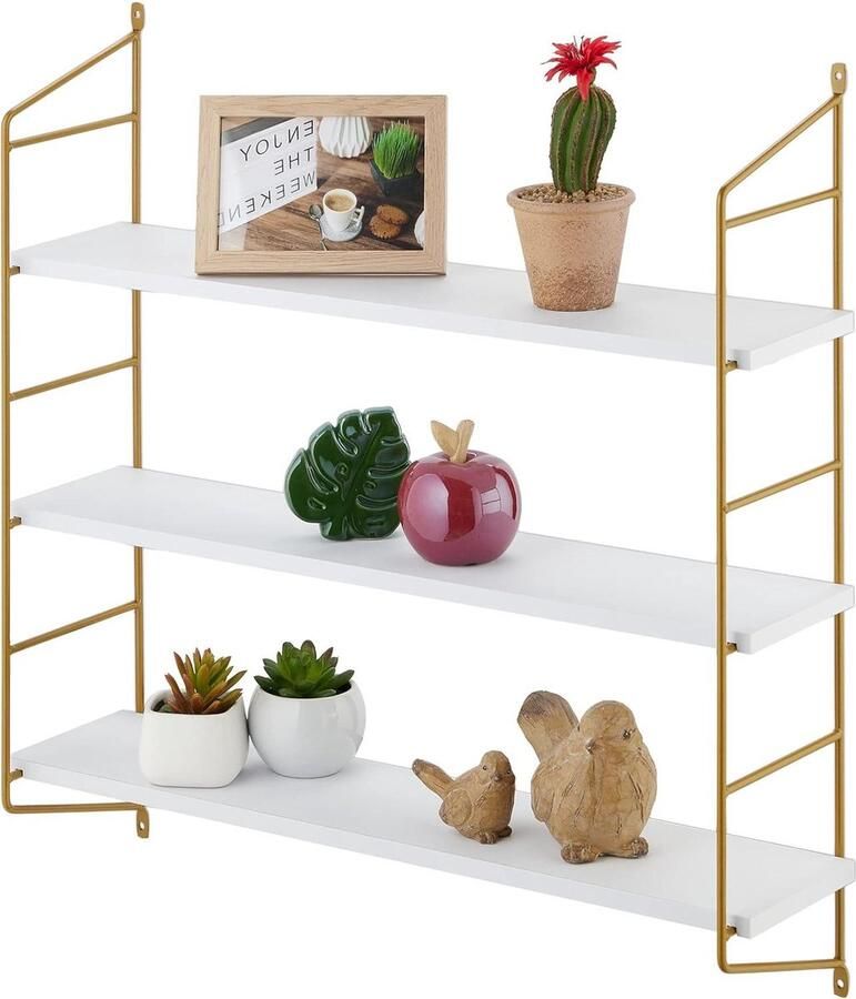 Hangend wandrek 60x60x15 cm 3 planken mdf ijzer decoratie hangrek woonkamer wit-goud Wandrek