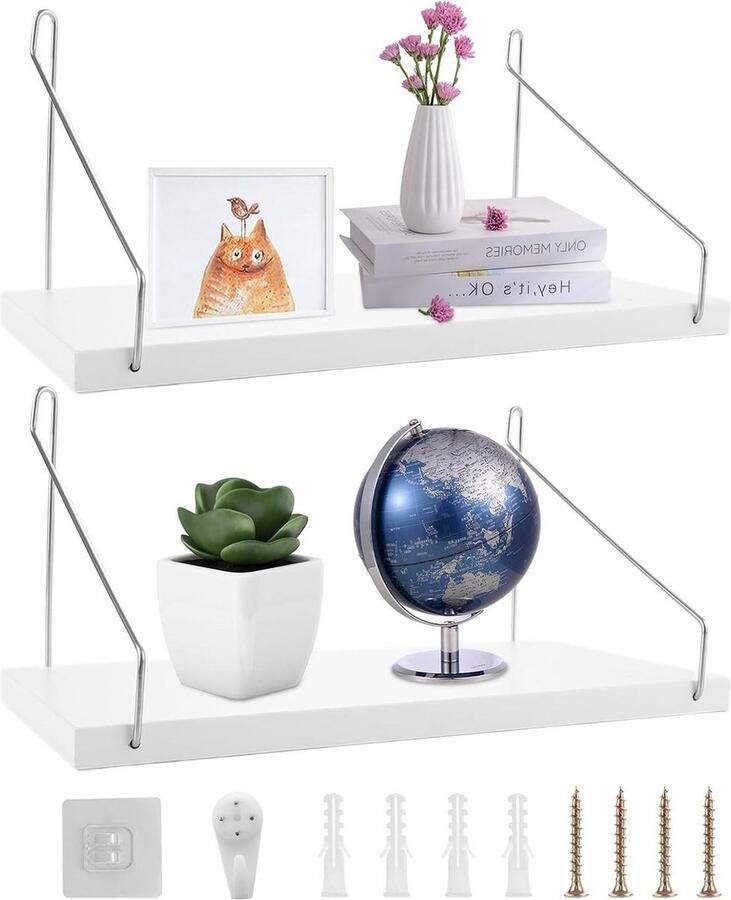 Wandrek hangplank set 2 stuks wit hout 30 x 15 x 14 cm metaal opbergplank keukenrek muur kinderkamer fotolijst woonkamer slaapkamer badkamer