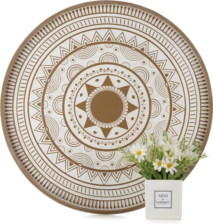 Decoratief dienblad groot rond extra groot rustiek bruin hout decoratief dienblad boho serveerborden XXL landhuis voor voetenbank woonkamer theelicht keuken tafel 45 cm