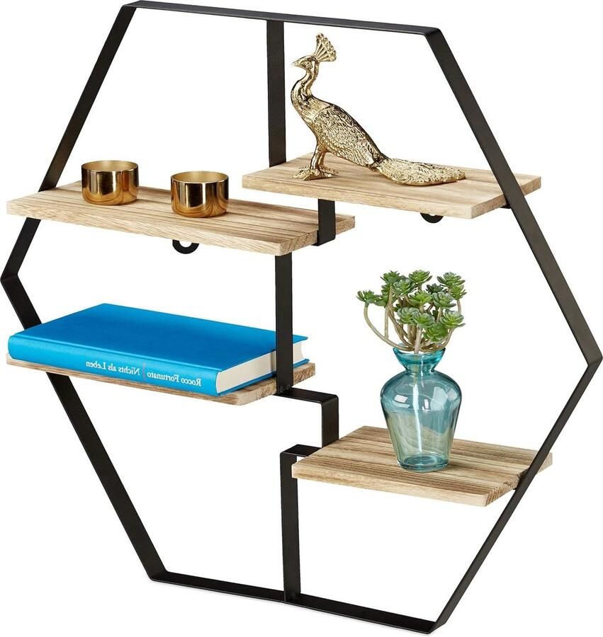 Wandrek hexagon met 4 planken hout & ijzer zeshoekig HBD 52 x 60 x 12 cm zwart natuur Relaxdasست. hexagon shelves