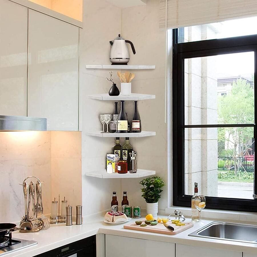 Hoekplank hout hangend hoekplank 4 etages zwevende plank hoekplank rustiek hangrek wandmontage zwevende planken hoek voor woonkamer badkamer keuken kantoor shabby wit