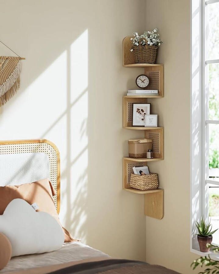 Hoekplank Wandplank Zwevende Plank 5 Niveaus PVC Rotan Zigzagvorm Ruimtebesparend Keuken Slaapkamer Woonkamer Boho Stijl Eiken Beige corner shelf wall - Foto 2